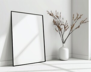 a blank white vertical picture frame leaning against a white wall - poster mockup template