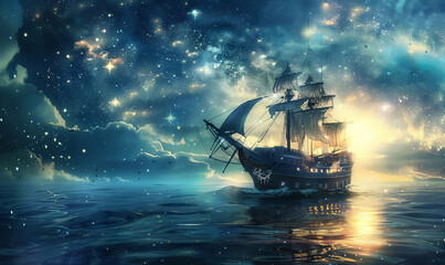 dreamy, ship in the sea background-generative ai