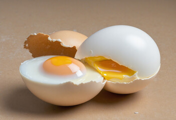 Cracked egg shell revealing egg yolk and white colorful background