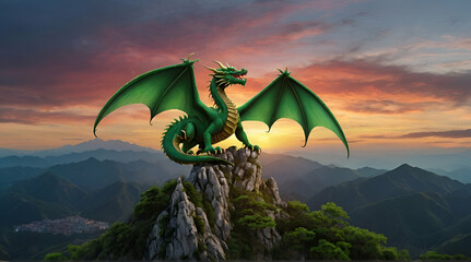 Oil painting artistic image of a large male black aggressive dragon flying over a foggy lush green forrest flying.generative.ai - obrazy, fototapety, plakaty