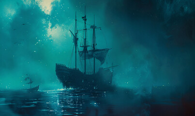 dreamy, ship in the sea background-generative ai