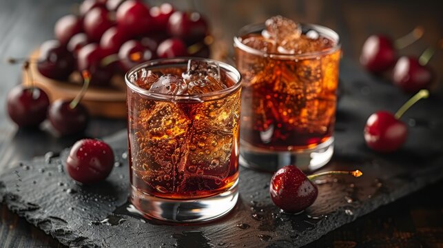  Two glasses of ice with cherries on a black slate, and a bowl of cherries in the background