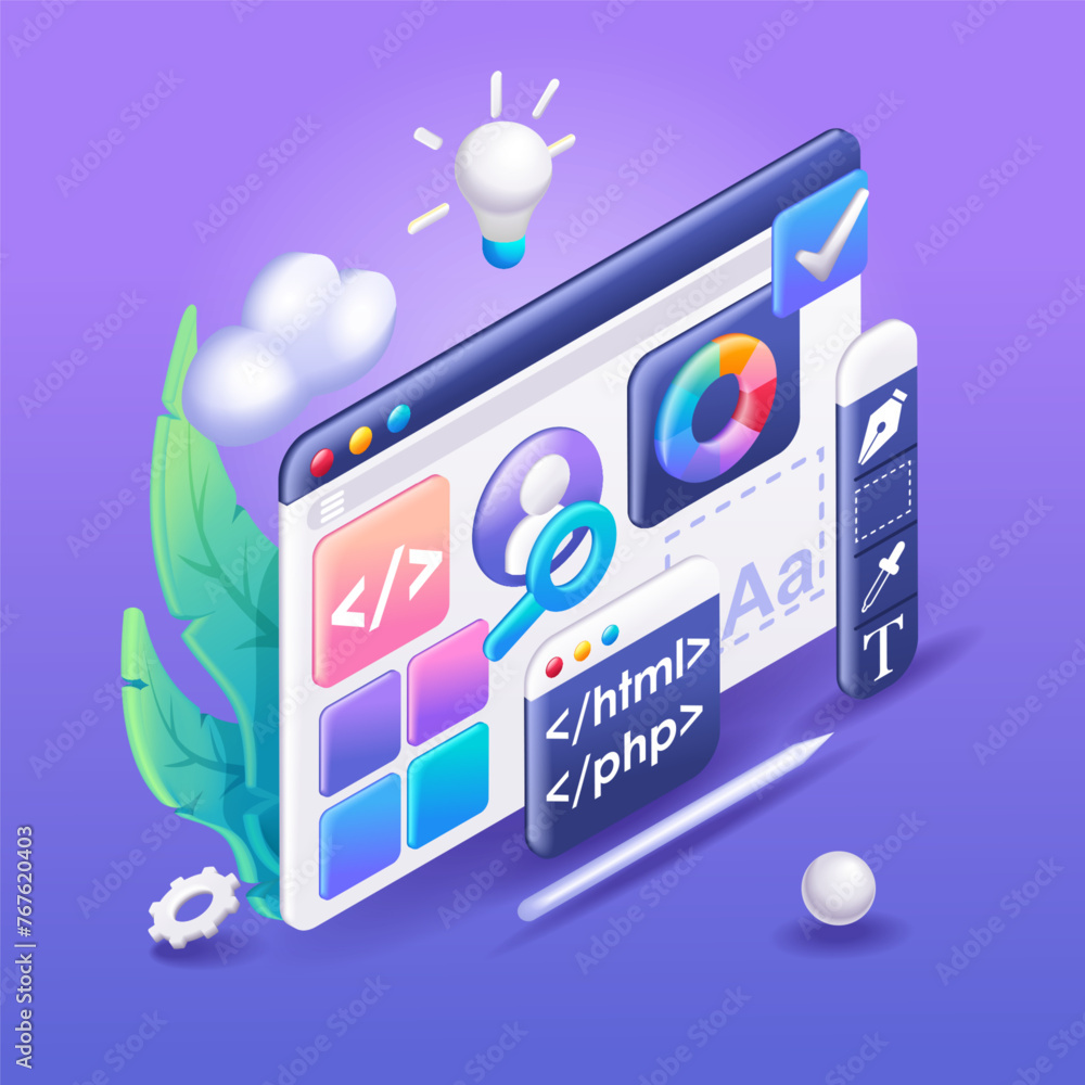 Canvas Prints 3d isometric illustration, cartoon. mobile application, software and web development with 3d shapes,