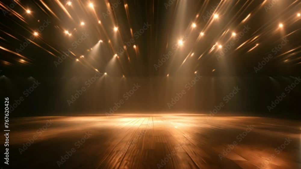 Poster the performance stage blurred into a tunnel of light with spotlights shining on it.