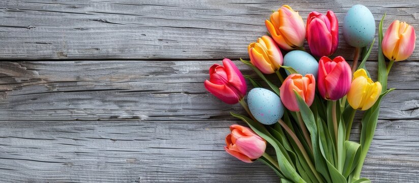 Easter eggs and a vibrant tulip bouquet displayed against a wooden backdrop, providing room for personal messages.