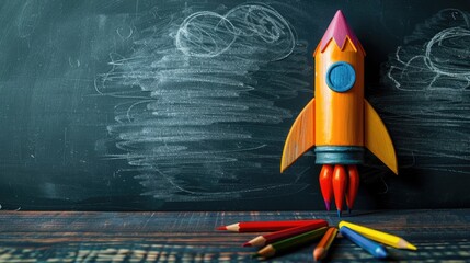 Rocketing into the New School Year: Colorful Pencils and Blackboard Startup Concept - obrazy, fototapety, plakaty
