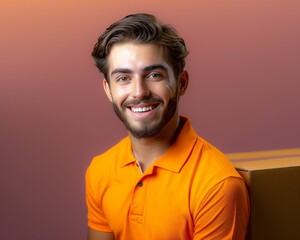 Obraz premium A man in an orange safety vest is smiling and holding a cardboard box