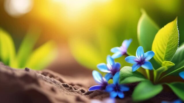 Forget-me-not flowers close-up over morning sunset. Shady flower garden assortment. Beautiful blue flowers. Spring shade tolerant flowers. Bokeh backdrop. Copy space banner