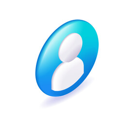 3D Isometric illustration, Cartoon. Business person badge in a blue circle. User sign, button. Vector icons for website