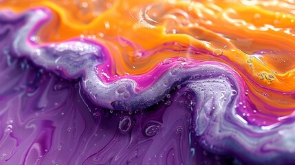  A macro image showcases a multicolored liquid mixture with purple, orange, and yellow hues rippling on a flat surface - obrazy, fototapety, plakaty