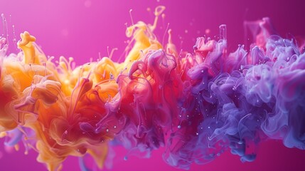  Multicolored ink drops in water against a purple, pink backdrop with droplets