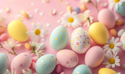 Fototapeta na wymiar Decorative pastel Easter eggs amidst vibrant spring flowers on a soft pink background