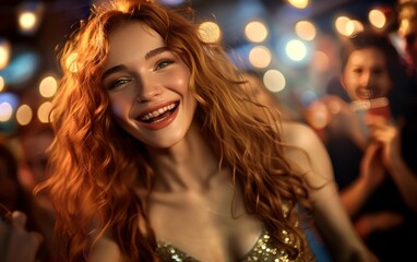 Fototapeta premium A woman with red hair is smiling and dancing at a party