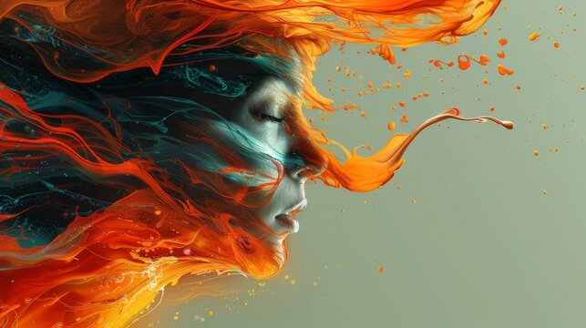  A digital portrait depicting a female figure with vibrant orange-blue spirals emanating from her locks