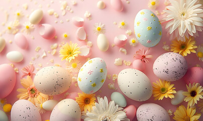 Decorative pastel Easter eggs amidst vibrant spring flowers on a soft pink background