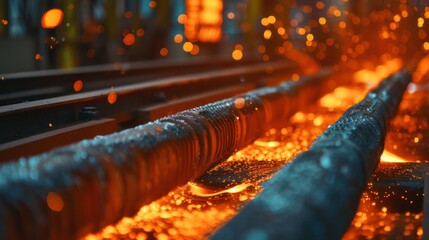 Metallurgical plant, molten steel flows through a mold. - Powered by Adobe