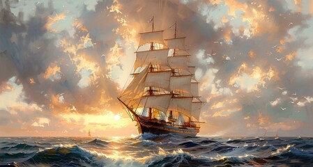 A tall ship on the sea, oil painting, wide perspective, sun, day, huge scale sailboat. generative AI