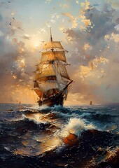 A tall ship on the sea, oil painting, wide perspective, sun, day, huge scale sailboat. generative AI - obrazy, fototapety, plakaty
