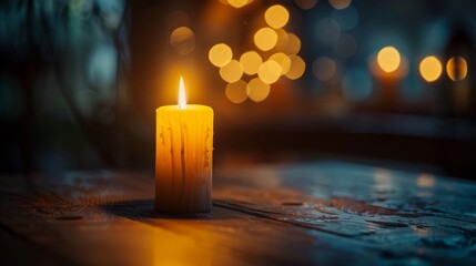 Lit candle sits on table. - obrazy, fototapety, plakaty