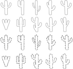 Set of Cactus icons in line styles with editable stock. Desert symbols. Botanica plant garden summer tropical illustration doodle. Large pack of vectors silhouette designs on transparent background.