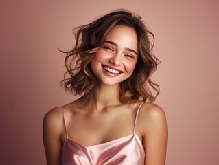 Naklejka premium A woman with short hair and a pink dress is smiling