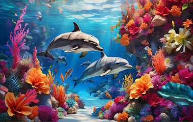 Fototapeta na wymiar A vibrant underwater scene featuring tropical elements and dolphins, Wallpaper background