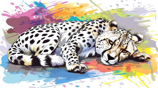  A painting of a cheetah lying on a canvas with multicolored spots