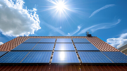 Roof with solar panel reflecting the sun, AI Generative. - obrazy, fototapety, plakaty