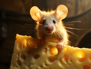 The hamster mouse gnaws and eats cheese. rodents and pests. fauna and biology