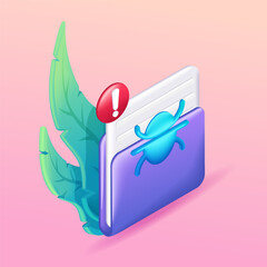 3D Isometric illustration, Cartoon. Data folder is under threat, data theft. Caution, danger, malicious software. Vector icons for website