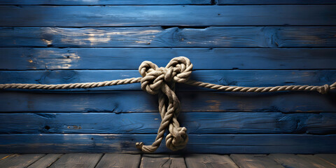 Rope on a wooden background. Rope tied in a knot - 767622456