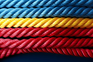 Red, blue and yellow ropes on black background. colored twisted rope made of durable material close-up. nautical rope