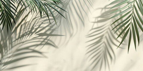 Blurred shadows of palm leaves cast upon a light cream wall, conveying a tranquil and tropical atmosphere.