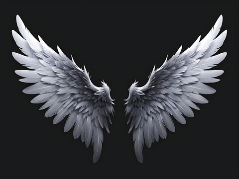 Angel wings isolated on the black background, fantasy feather wings feather angel bird. ai