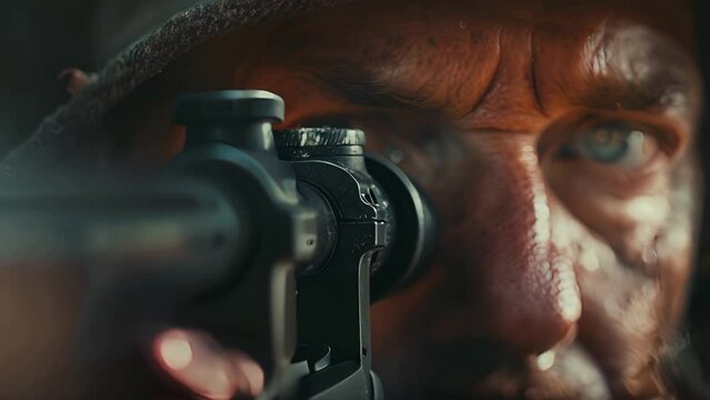Close up macro shot pushing down the scope of a sniper rifle to a snipers eye as he aims the gun