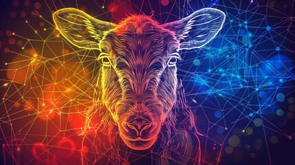  A vivid illustration of a cow's face against a dark backdrop, featuring accents of light and shading - obrazy, fototapety, plakaty