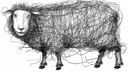  A monochrome illustration of a woolly sheep featuring a facial expression