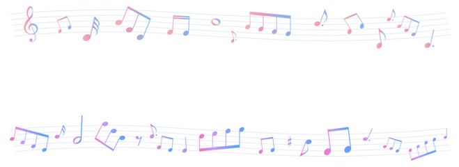 カラフルな五線譜のフレームイラスト　背景イラスト　音符、休符、音楽記号のイラスト
