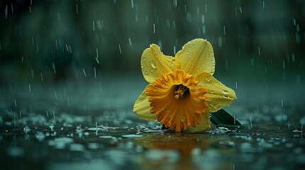  A solitary daffodil, vibrantly golden, bathed in a watery expanse with droplets cascading from above