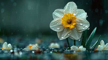 A yellow flower with white petals rests on a lush green field, its roots submerged in a puddle of clear water