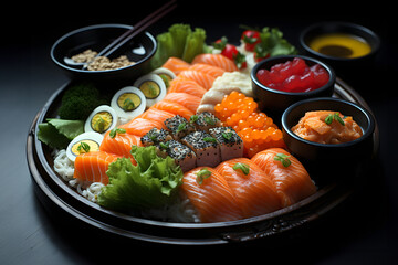 Sushi set with salmon, shrimp, cheese, cucumber, wasabi and ginger on a black background. Sushi menu. Japanese food - 767623409