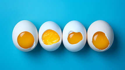 chicken eggs on a blue background. breakfast food