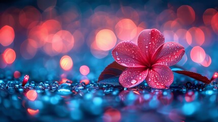  A pink flower on a blue surface with water droplets on petals and a red flower on top - obrazy, fototapety, plakaty