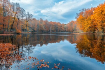 Crisp autumn colors reflected perfectly in the still waters of a serene lake, with a backdrop of a clear blue sky and fluffy clouds. Resplendent.