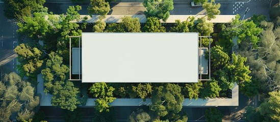 A large empty poster mockup displayed on top of a shopping center, featuring a white placeholder template of a billboard on the rooftop of a contemporary structure surrounded by trees.