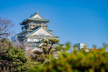 Landscape view Osaka's landmark Osaka Castle castle tower that shines in the blue sky, Osaka Japan. - obrazy, fototapety, plakaty