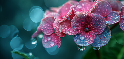  A detailed photograph of a bouquet of blooms with water droplets on their petals, set against a soft, out-of-focus backdrop - obrazy, fototapety, plakaty