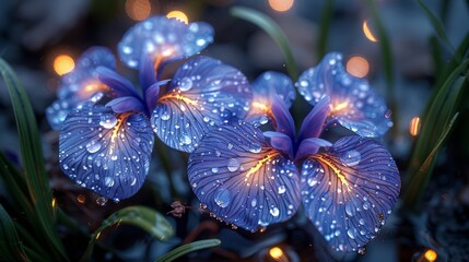  Two blue flowers, close-up, with water droplets on grass, lit background