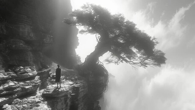 A black and white image of a person standing on a cliff gazing up at a giant tree of life carved into the rocky mountain. The tree represents the individuals potential for