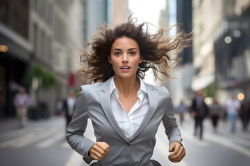 successful business woman in a light gray suit and white shirt runs down the street in the city. desire to achieve success